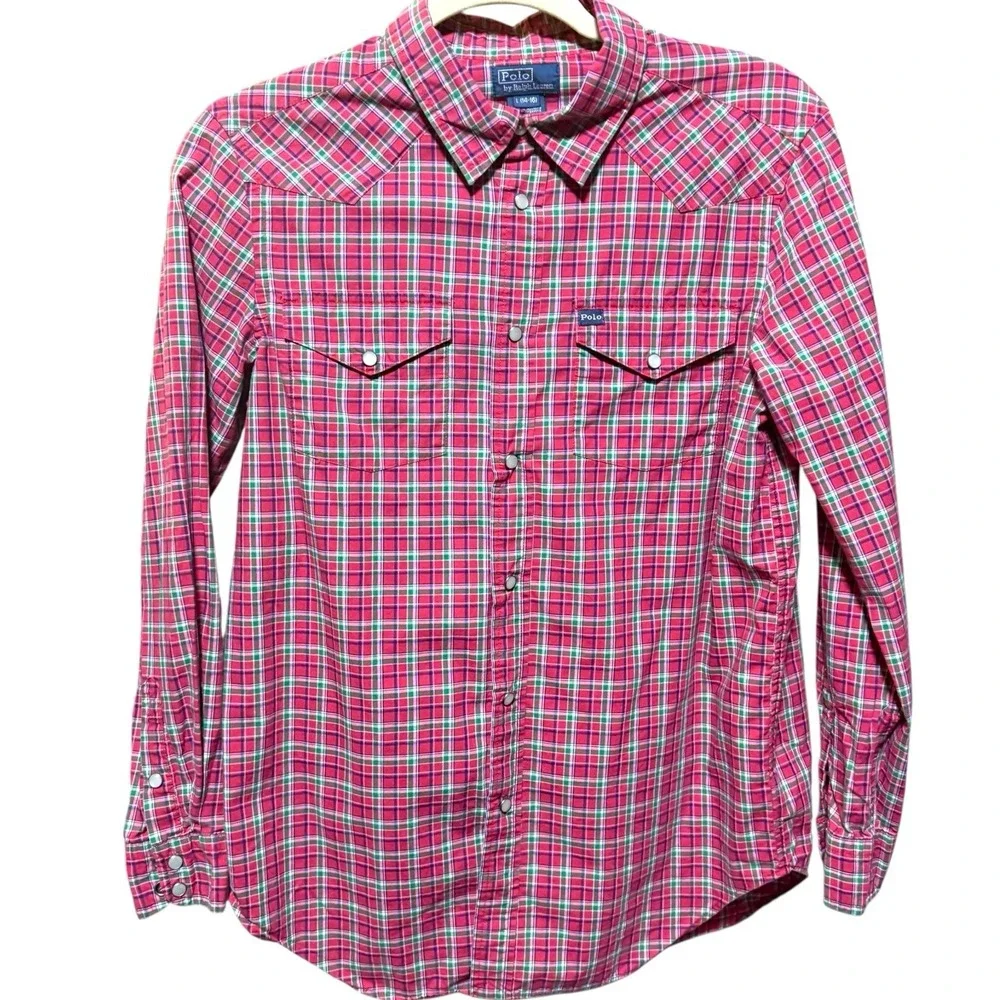 Polo Ralph Lauren Boys‎ Plaid Western Snap Shirt Size L 14 16 Red Green Plaid